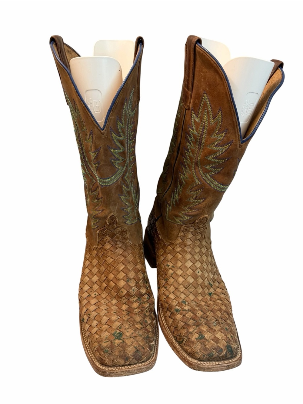 Horsepower boots Men's Woven Brown Suede Cowboy Boots with Green Stitching,sz11